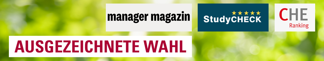 Aufschrift Ausgezeichnete Wahl Rankings bei manager magazin che und studycheck