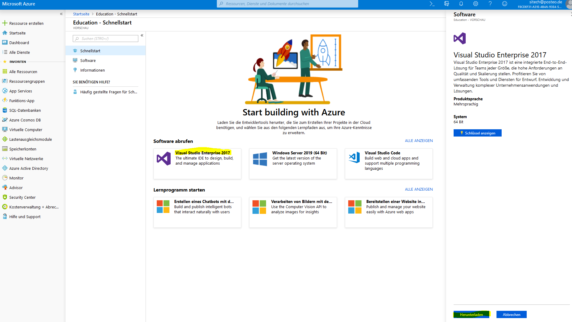 Screenshot der Produktübersicht des Onlineportals von Microsoft Imagine.